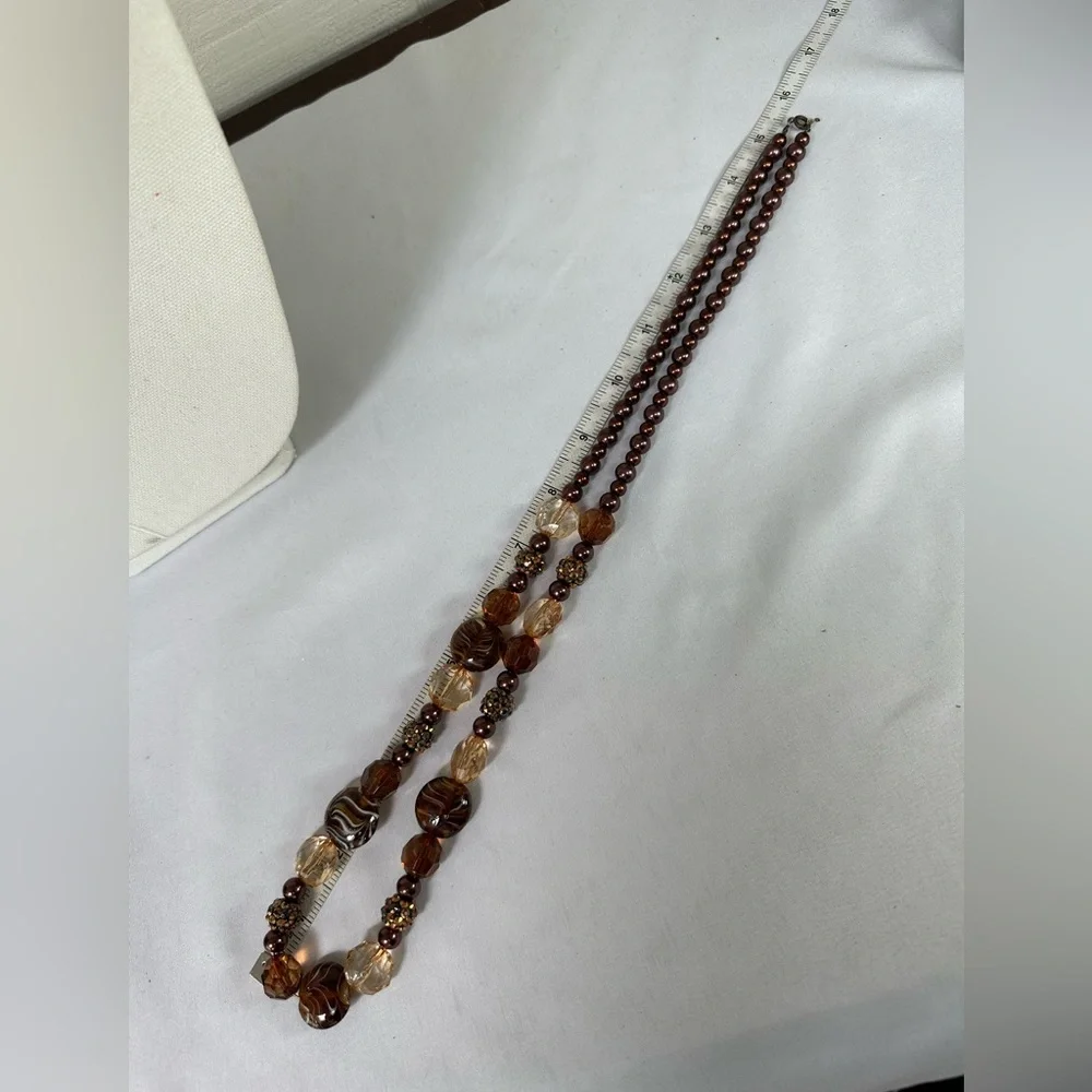 Long neutral brown tone glass bead sparkly necklace